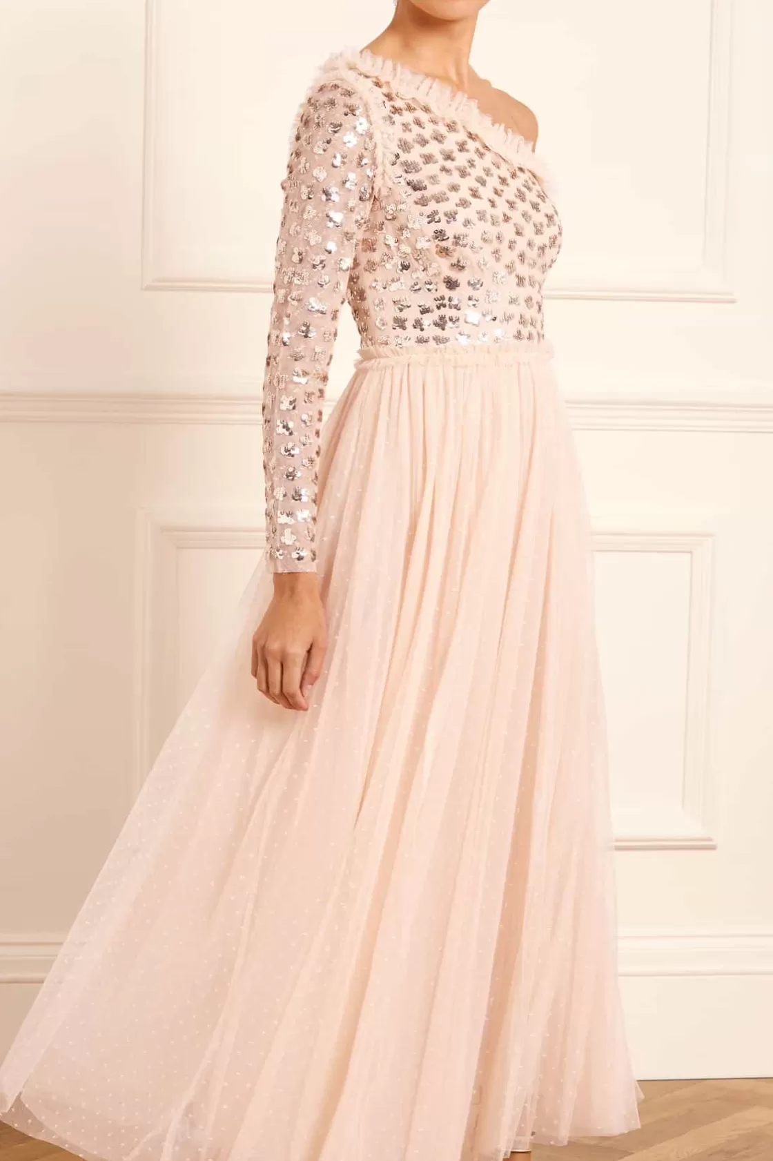 Needle & Thread Bridesmaid | Plus Size-Glisten Bodice One-Shoulder Ankle Gown Beige