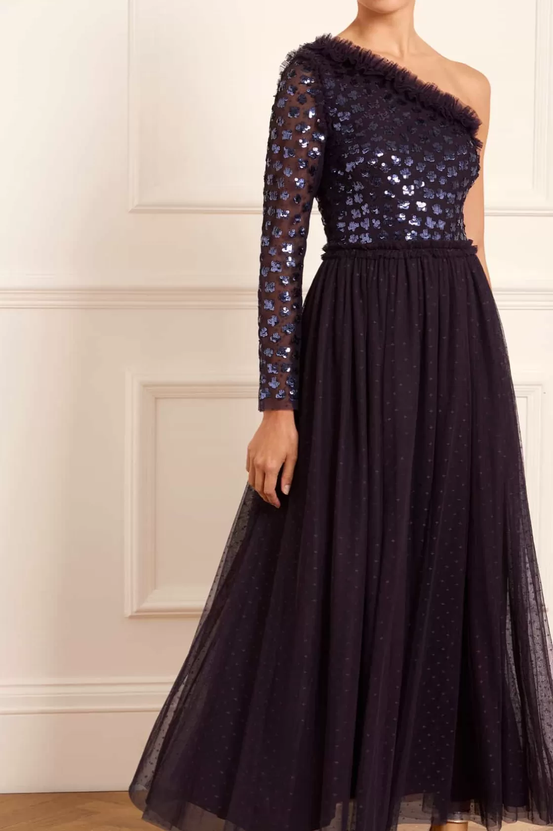 Needle & Thread Plus Size | Suknie Wieczorowe-Glisten Bodice One-Shoulder Ankle Gown Blue
