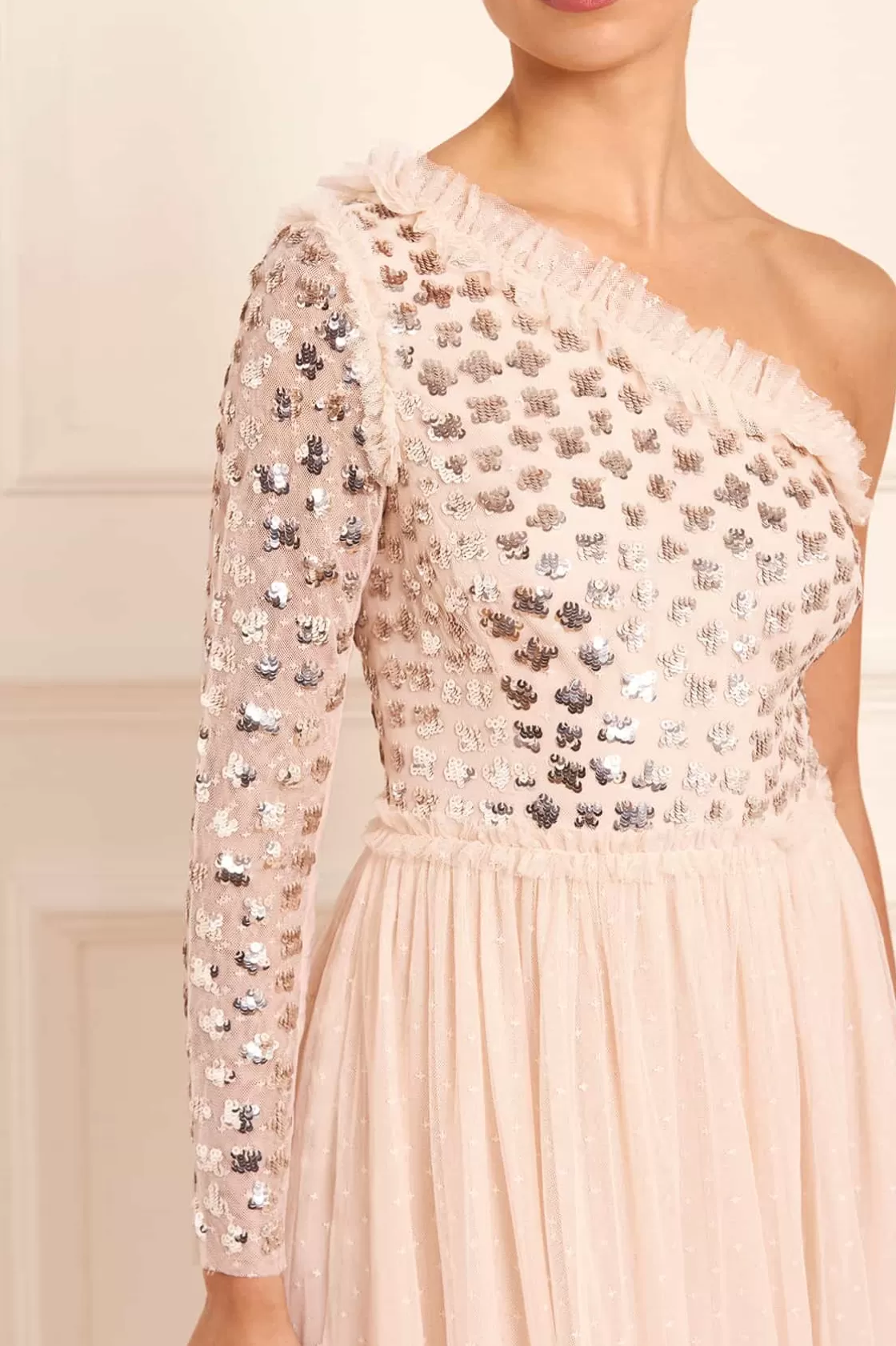 Needle & Thread Bridesmaid | Plus Size-Glisten Bodice One-Shoulder Ankle Gown Beige