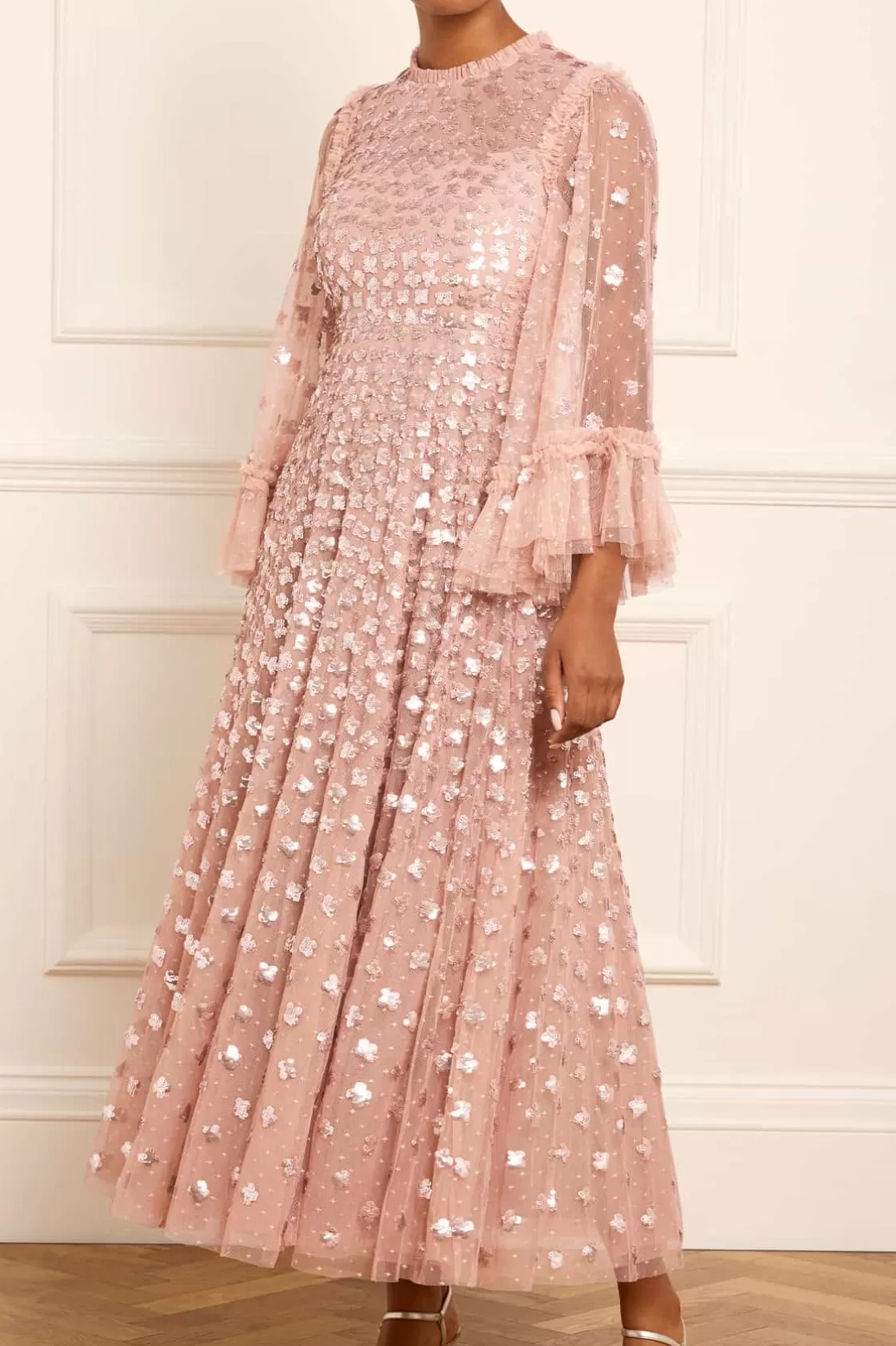Needle & Thread Plus Size | Suknie Wieczorowe-Glisten Long Sleeve Ankle Gown Pink