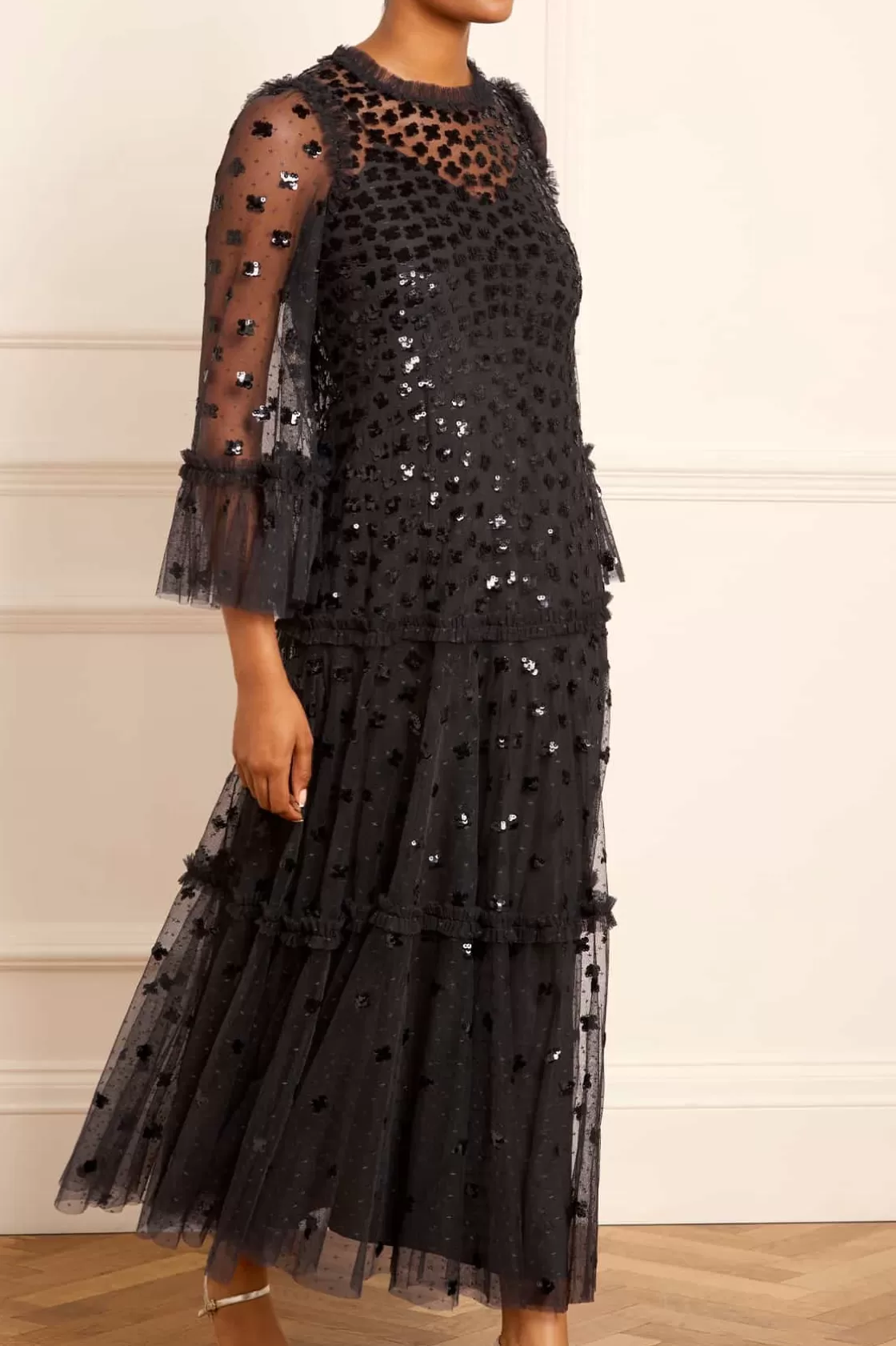 Needle & Thread Plus Size | Suknie Wieczorowe-Glisten Tiered Ankle Gown Black