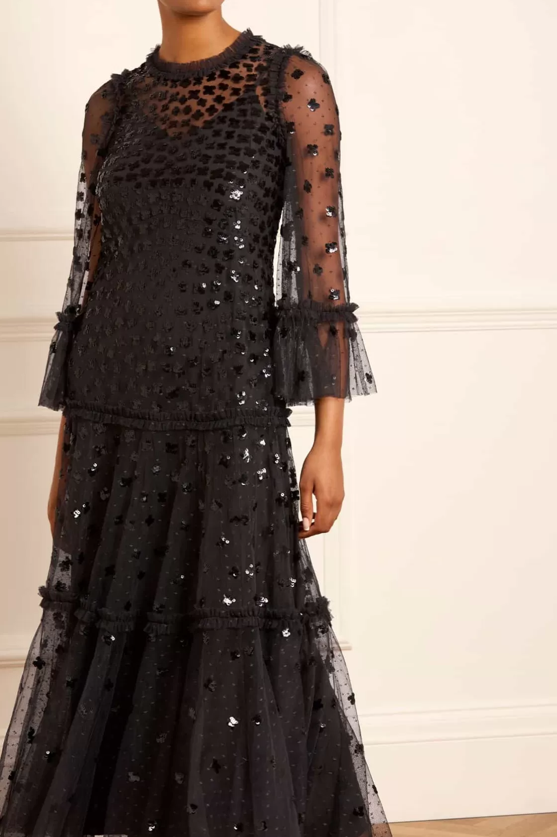 Needle & Thread Plus Size | Suknie Wieczorowe-Glisten Tiered Ankle Gown Black