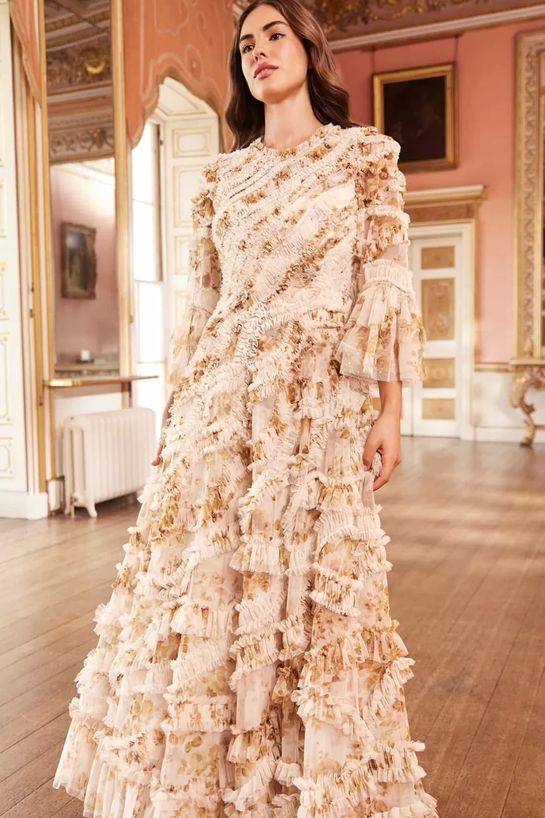 Needle & Thread Suknie Wieczorowe | Sukienki Drukowane-Vintage Rose Aaliyah Long Sleeve Gown Multi