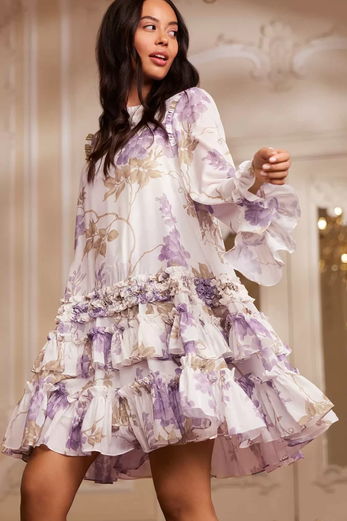 Needle & Thread Gość Weselny | Plus Size-Wisteria Chiffon Round Neck Mini Dress Multi
